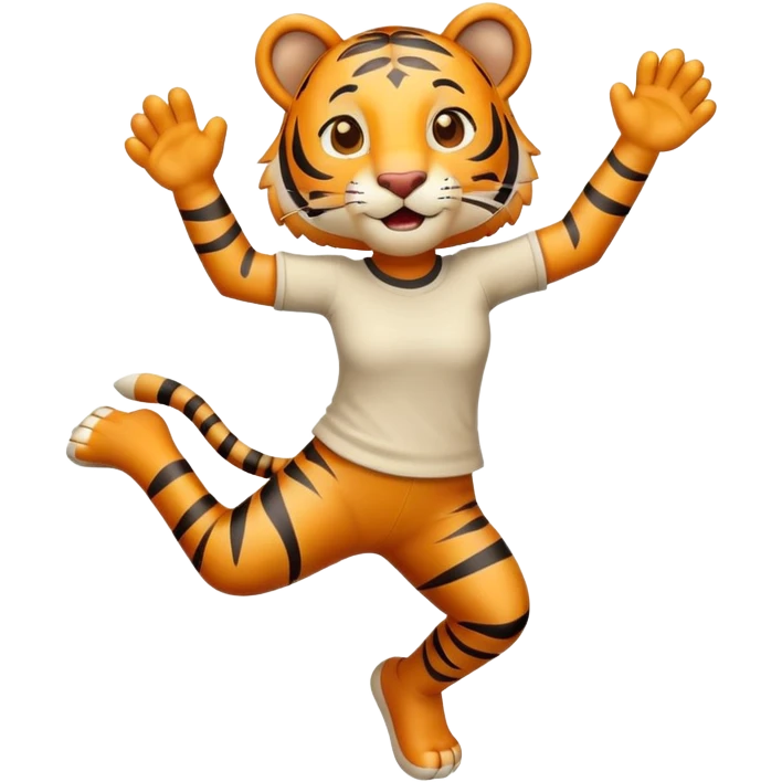 friendly anthropomorphised female tiger in a shirt and pants jumping emoji
