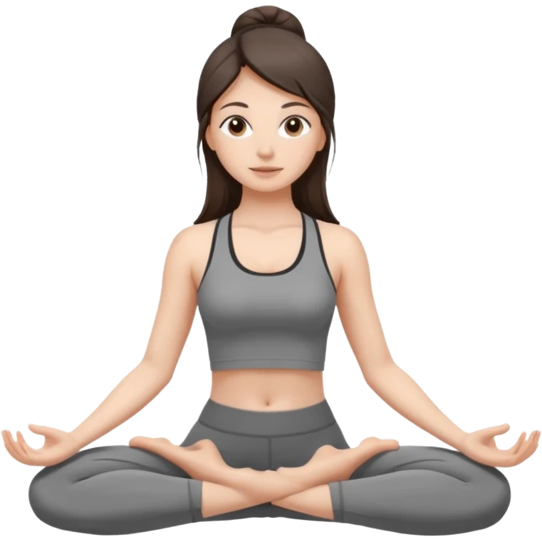 a brunette girl doing yoga, she is wearing a grey fit and she has dark straight and loose hair.  emoji