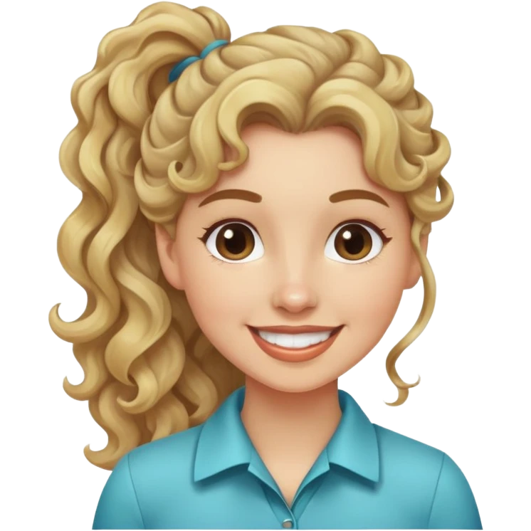 girl cruise director with curly dirty blonde hair in a ponytail, very happy emoji