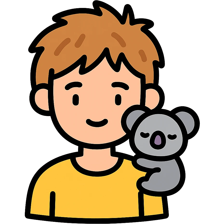 light brown messy haired boy with a very small sleepy koala on his shoulder, color outline icon emoji