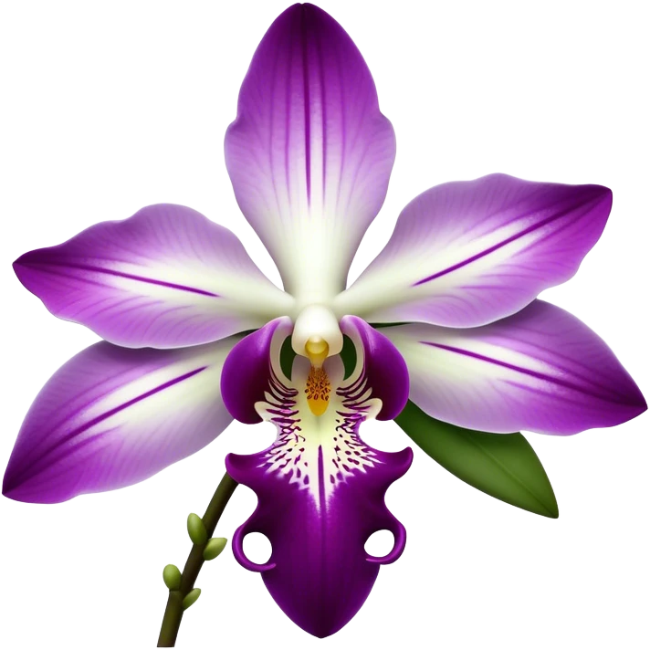 Cinematic Realistic Orchid Emoji, Exotic and elegant, with intricate, velvety petals in deep purple and white, forming a delicate and symmetrical blossom. The slender green stem holds the flower high, while surrounding leaves add lush contrast. Soft glowing outline, capturing the essence of rare beauty and sophistication in a captivating orchid. emoji