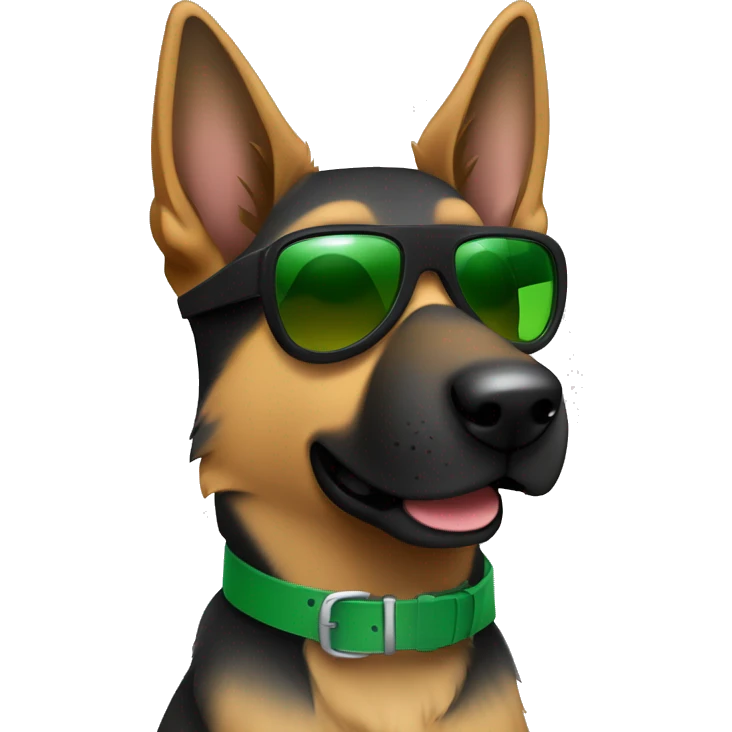 Slim weak german shepherd with green belt and full black sunglasses and hair colour gray and a little brown near mouth emoji