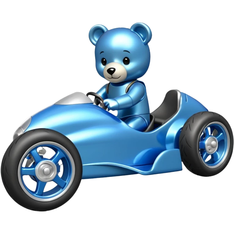  Metallic blue and lightly chrome-accented  kid-sized race car for teddy bear with custom aero body and rear wing and motorcycle wheels  emoji