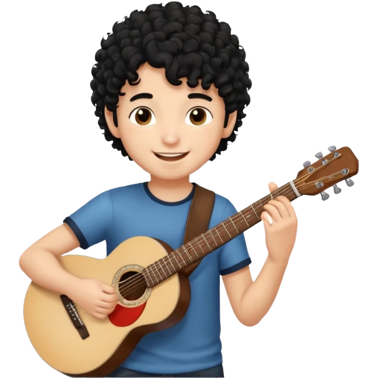 A boy with black curly hair Smiling and holdijg a guitar  emoji