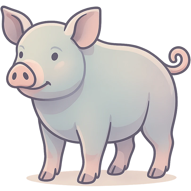 Edit the image to depict a pig as the symbol of the year in Feng Shui, Chinese Eastern style. Use thin clean contours, soft rounded shapes, and a pastel palette with colors #98B5BC, #B5B3C1, #C9A3C9, #E4C0CA, #F7DCD1, #F7C0AA. Include detailed shadows and highlights with soft lighting. The background should be transparent. The style should be less cute, without decorative elements. The silhouette and appearance should match the reference. emoji
