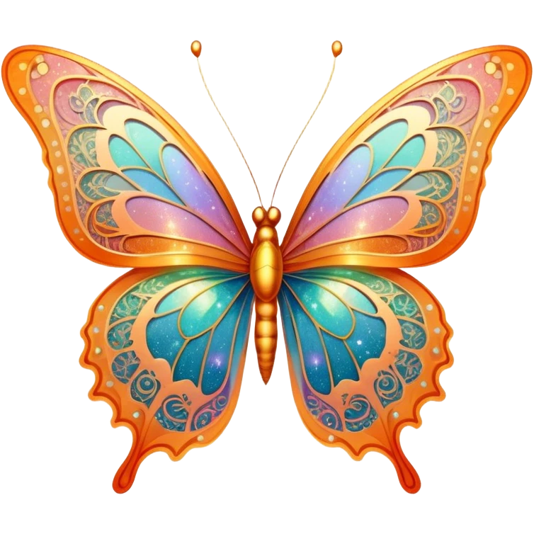 Pastel sparkly orange glittery iridescent rainbow transparent butterfly with detailed intricate patterns emoji