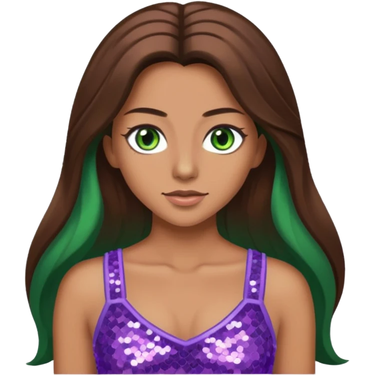 Teresa from Barbie & Friends with green eyes, long brown hair, lilac sequin crop top emoji