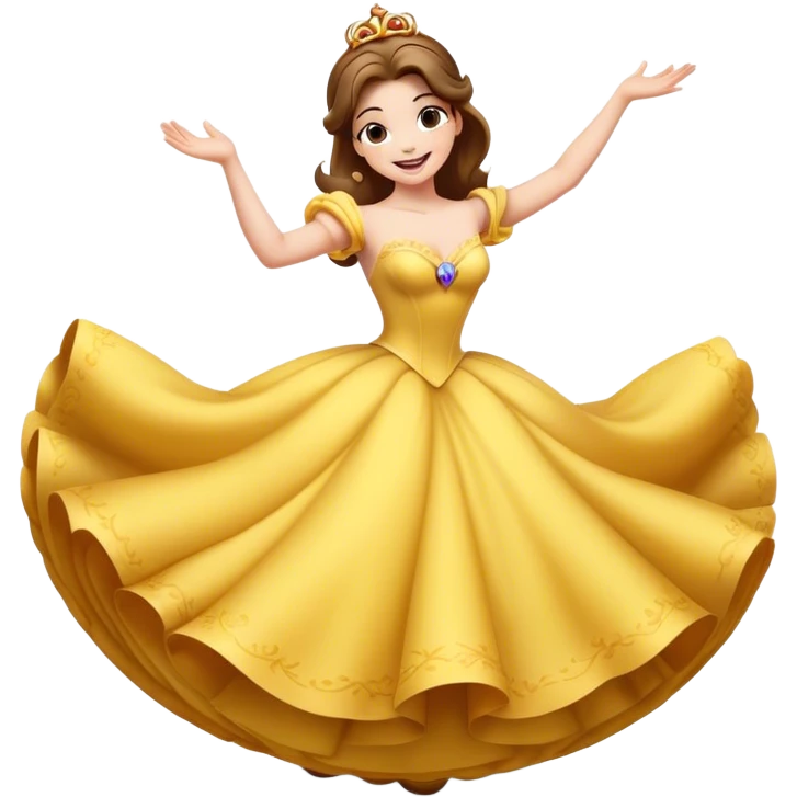 Cinematic Playful Belle Portrait Emoji, Spinning joyfully in her ball gown, arms outstretched, a radiant smile lighting up her face, exuding an enchanting blend of fun and elegance! emoji
