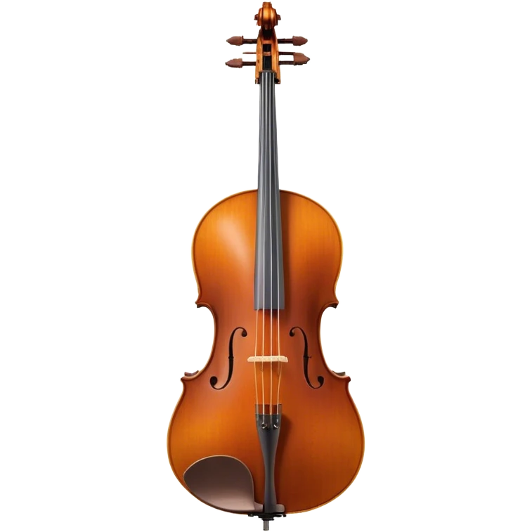 Create a refined and detailed emoji representing a Cremona cello with a bow. The design should feature the smooth, polished wooden body of the cello with a deep, rich tone color. The strings and tuning pegs should be visible, emphasizing the instrument's fine craftsmanship. Add a delicate bow placed gently across the strings, with intricate detailing on the hair and frog. Include subtle musical notes around the cello to evoke the graceful, classical sound. Use warm wood tones and accents like gold and silver for a professional, elegant look. The background should be transparent. emoji