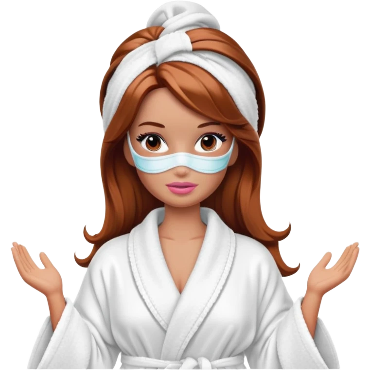 A Barbie face with shoulder-length reddish-brown hair, makeup, a smeared face mask, and a bathrobe. emoji