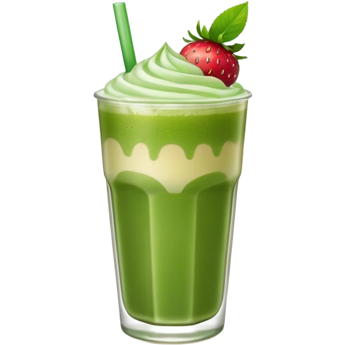 glass of iced matcha latte with visible strawberry syrup layer at the bottom, apple emoji style emoji