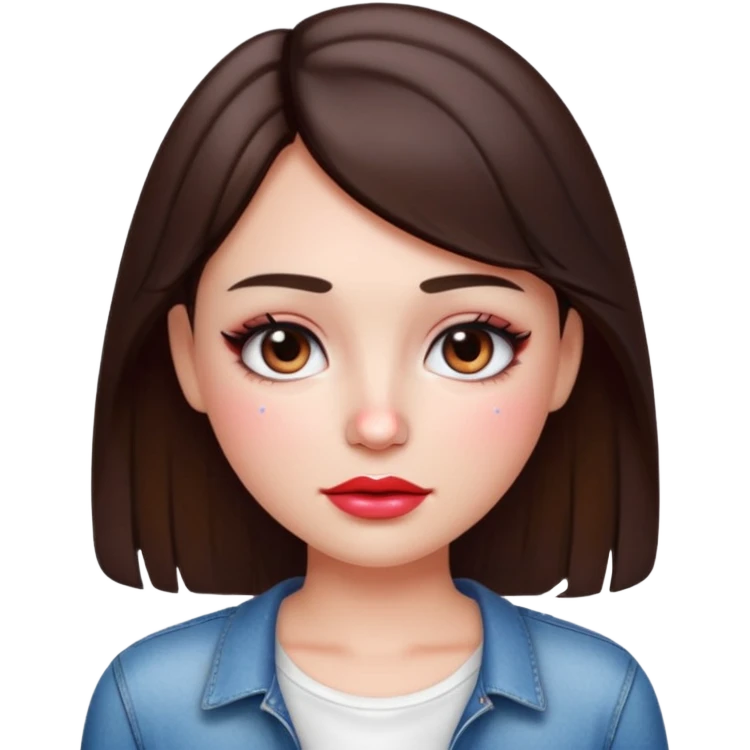 “Emoji brunette girl white top, dewy skin, heavy blush across cheeks and nose bridge, glossy cherry lips, soft eyeliner, teary sparkling eyes like hanni from new jeans emoji