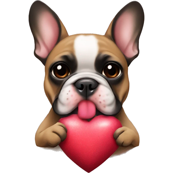 Black and tan colored French bulldog holding Valentine in mouth emoji