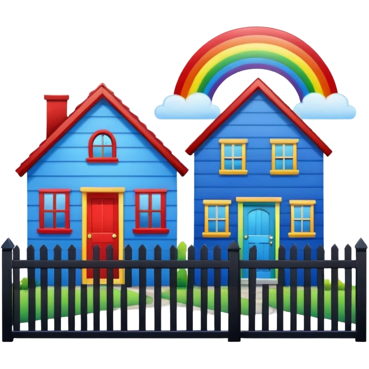 1 blue house with a black fence & next door a red house with a rainbow coloured fence. emoji