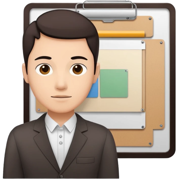 Minimalistic flat vector icon, iOS style, thin black contour on white background. Person silhouette with a project board (kanban/task board) behind. No text, no shadows.
 emoji