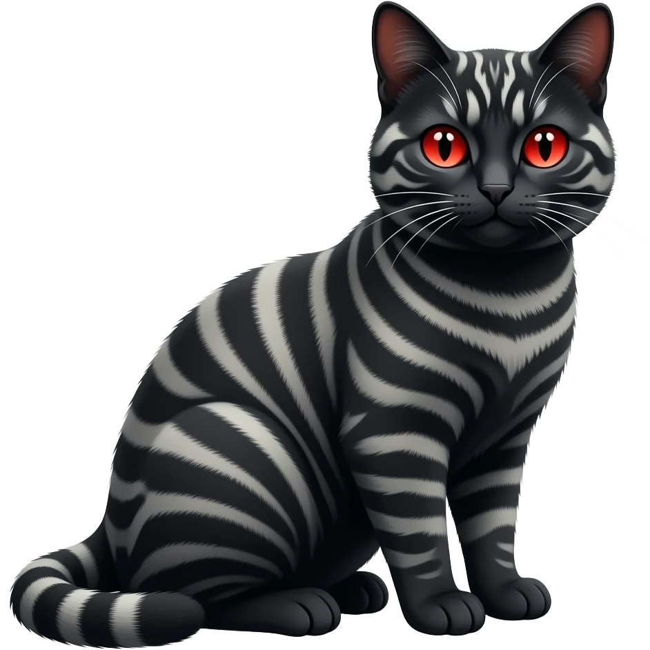 un gato negro con lineas blancas sentado pero que el gato tenga los ojos rojos emoji
