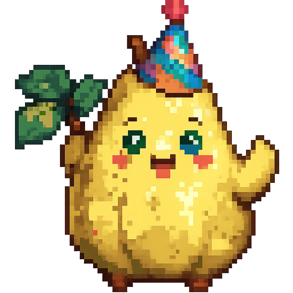Add a colorful party hat to the cheerful pear waving in pixel art style. Keep the pixel art aesthetic and no background. emoji