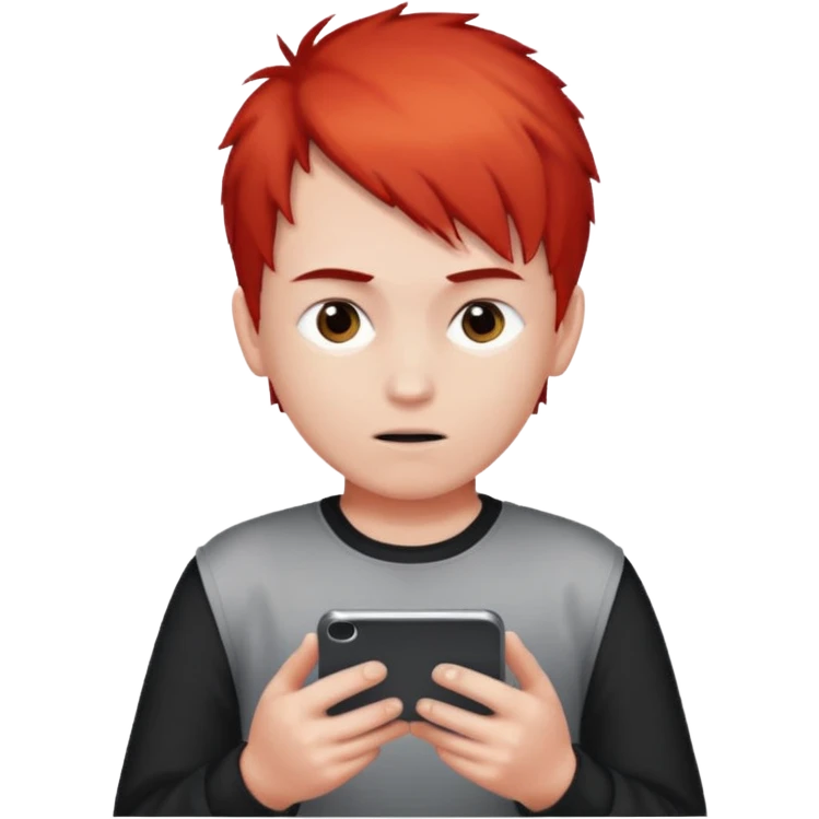 One boy with half gary and half red hair with no eyes playing a video game in mobile  emoji