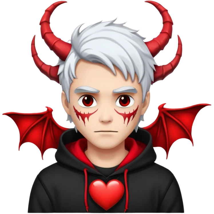 man with black and white hair, half black face, red horns, black hoodie, red wings, dragon skeleton, heart necklace emoji