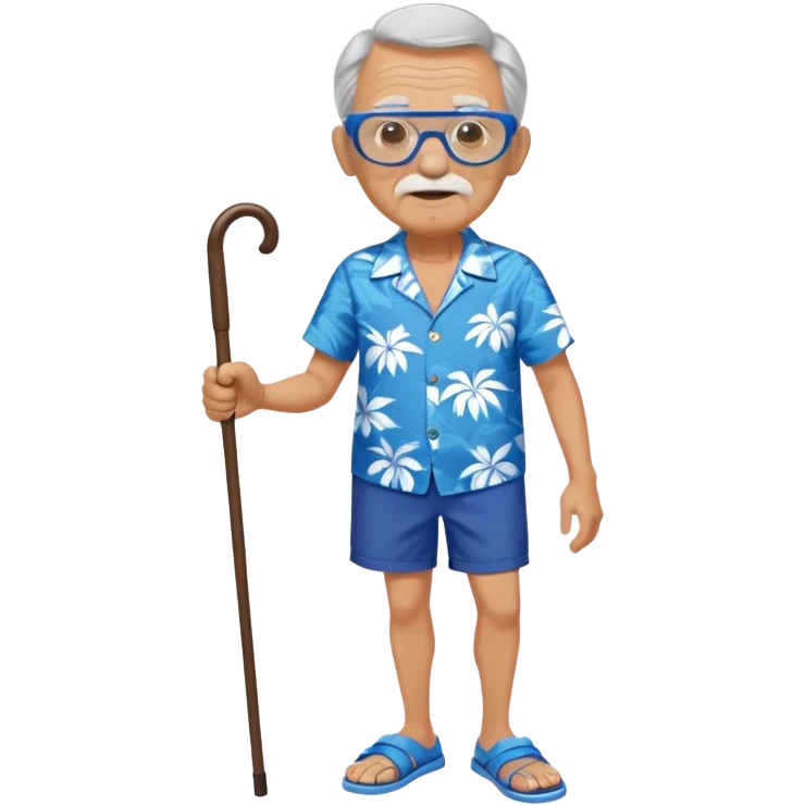 old man with cane and blue  Hawaiian shirt and blue short and googles  and blue shoes emoji