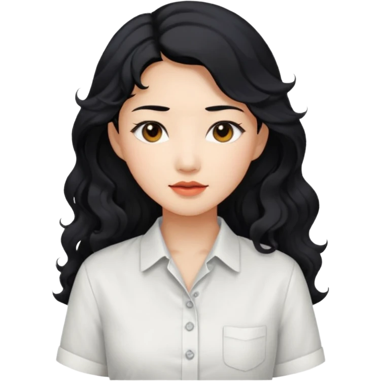 Asian woman, black hair, long permed wavy hair, white button-up shirt, flat colors, transparent background. emoji