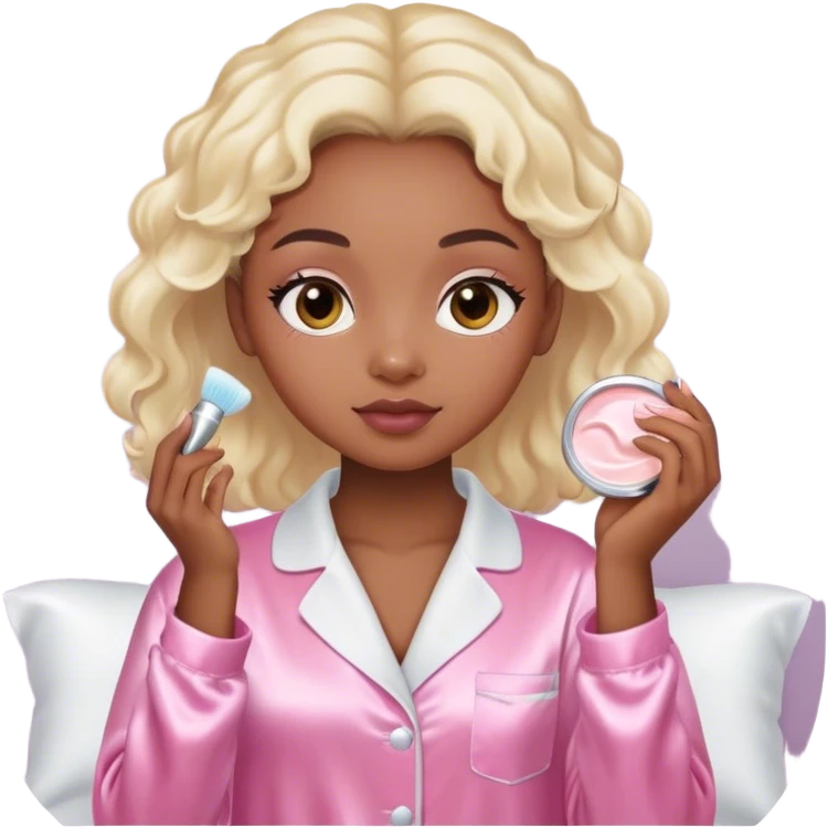Angelic light skin black girl in pink satin pajamas doing skin care emoji