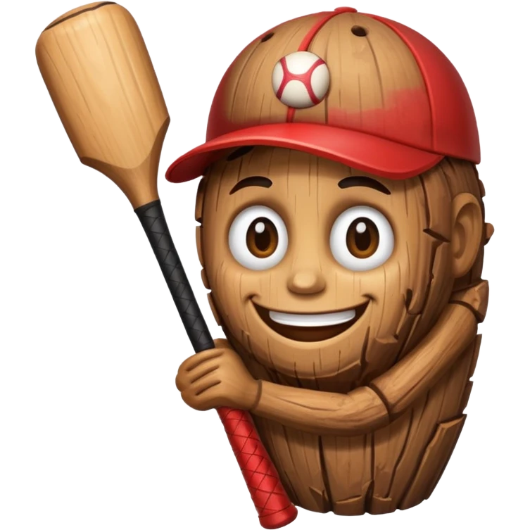 Wood log with a smiling face holding a baseball bat. emoji