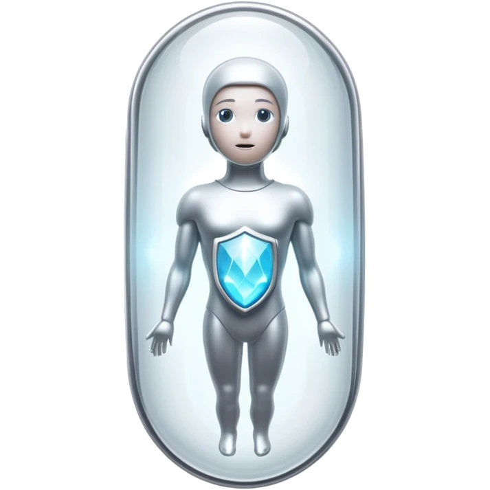 Silver semi-transparent capsule floating next to an ethereal glowing immune system figure, with a small shining shield over a luminous thyroid gland emoji