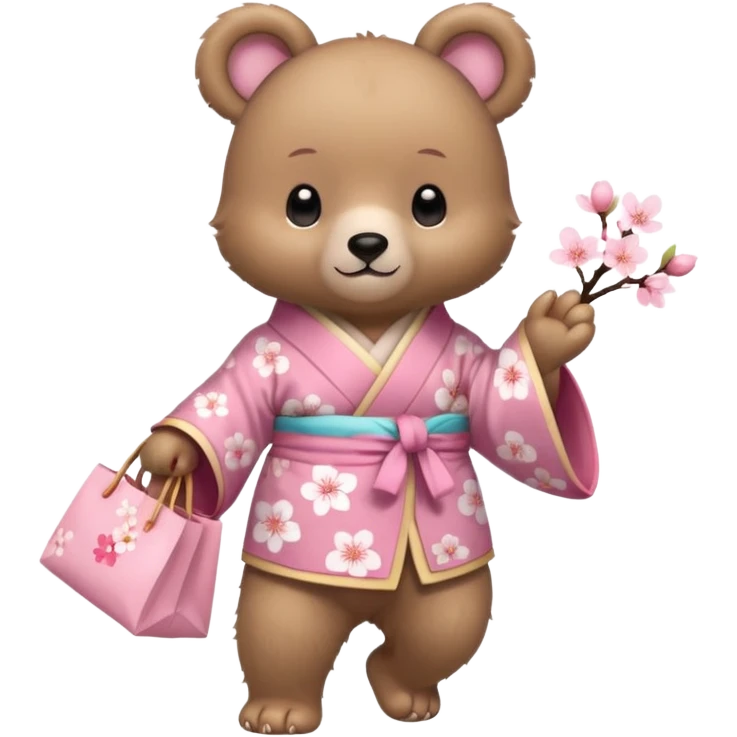 A cute baby bear character in pastel style, standing upright like a human. 
Light brown soft fur, large round ears, rounded paws and feet. 
Wearing a pink kimono with soft cherry blossom patterns on the sleeves and bottom, Holding a cute pastel shopping bag with one paw, walking pose. emoji