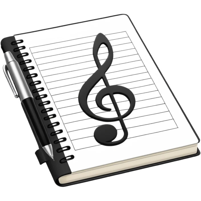 Minimalistic flat vector icon, iOS style, thin black contour on white background. Small notebook with a musical note on the cover, a pen placed next to it. Clean, modern, no text, no shadows. emoji