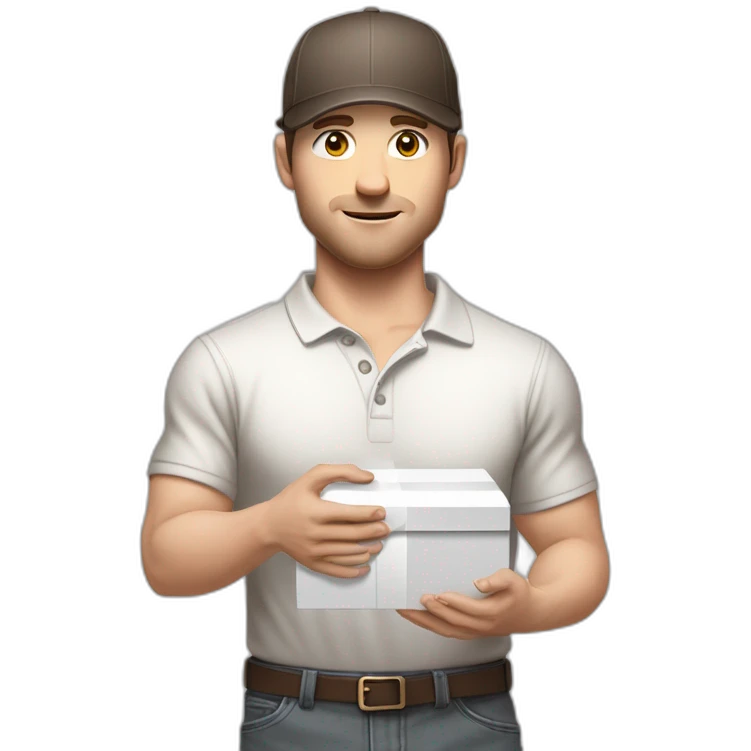 Pale skinned fit Man with dark brown hair in a light gray cap, dark brown jeans, brown polo and white T-shirt keeping a pasted with tape white box into his hands emoji