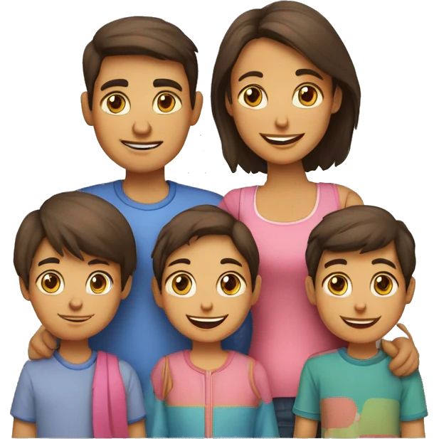 Familia de 6, 4 niños una mujer y un hombre dos gatos y un perro emoji