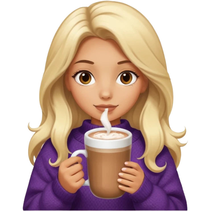 Tanned Girl with lashes , blonde hair, in an extremely big fluffy oversized and hold hot chocolate drink emoji