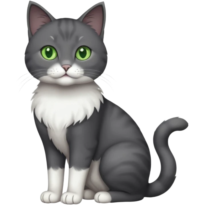 full body view of beautiful female solid dark grey cat with green eyes, white toes/paws and white patch on her chest emoji