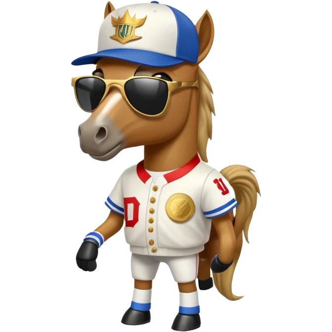 friendly anthropomorphised horse in RUN DMC style outfit, gold medal, baseball hat, sunglasses emoji