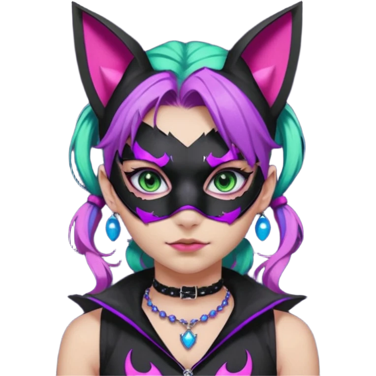 Girl with green eyes, wearing a bat mask with pink stones around her eyes, her hair tied in a ponytail, the hair is purple with blue and pink streaks, with black cat ears with pink stones around, wearing a black shirt that covers the neck, and a sleeveless blue jacket, and a necklace of pink stones emoji