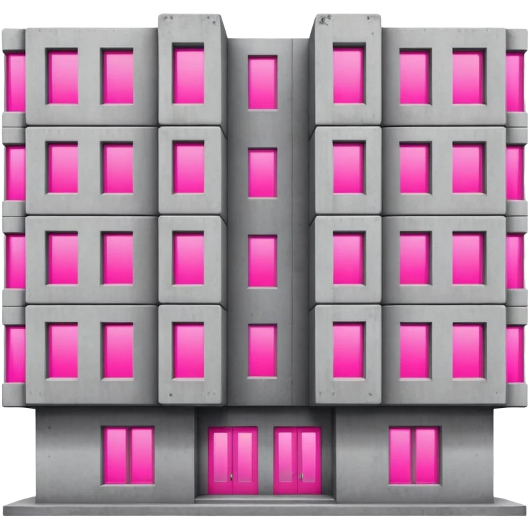 Brutalist gray concrete building with multiple windows where only one window glows bright pink and the rest are normal emoji