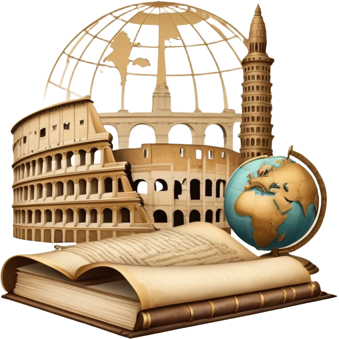 An icon featuring an ancient scroll, a quill pen, and a globe, surrounded by famous historical landmarks and statues of notable figures, like the Colosseum or Napoleon. The design symbolizes the exploration of history through monuments and people. Transparent background highlights the past emoji