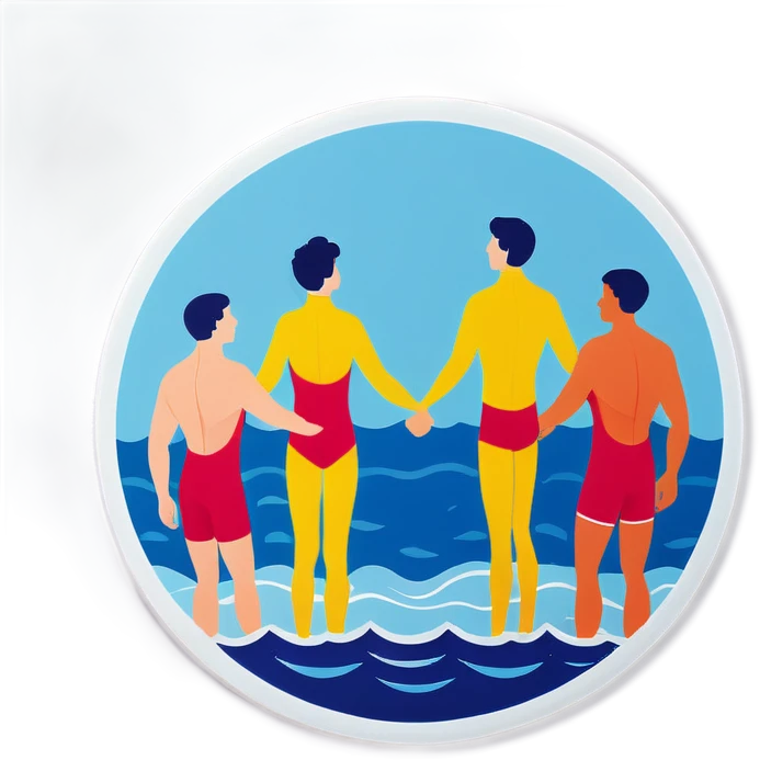 Swimmers standing in a circle with their arms around each other emoji