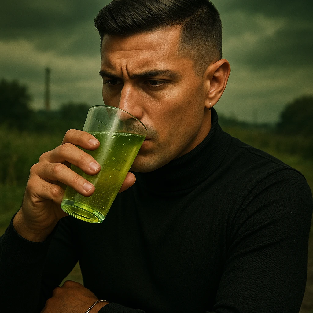 Create a realistic or cinematic style image of a 30-year-old man inspired by the reference image, holding a glass or bottle of water close to his mouth, about to drink. The man has a neutral or slightly thirsty expression. The water is slightly murky or greenish with floating particles and a faint toxic glow. The background is outdoor nature, rural, or industrial, with a foreboding atmosphere and a health warning tone. Emphasize high detail on the water texture and the overall mood is foreboding and cautionary. emoji