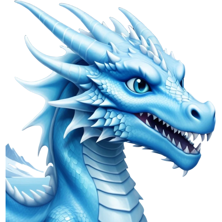 Cinematic Noble very elegant slender Ice Dragon Portrait Emoji, Poised and imposing, distinct long elegant snout, with a slender, scaled body shimmering in glacial hues of icy blue, frostbitten silver, and crystalline white, breathing out frost, with piercing, glowing ice blue white eyes that radiate the chilling depths of an arctic storm; rendered in detail. excuding wisdom emoji