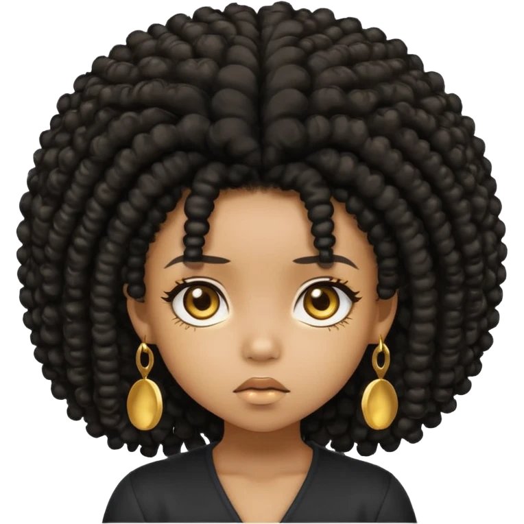 Create a black chibi girl with long afro hair and beautiful gold eyes give her a confusing expression  emoji