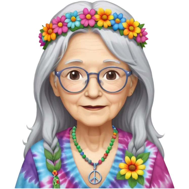 elderly woman with long grey hair, glasses, peace sign necklace, tie-dye clothing, flower crown emoji