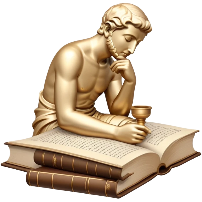 An icon featuring a thinker statue, a scroll, symbolizing philosophy. The design includes books and abstract symbols representing deep thought and wisdom. Transparent background highlights the study of ideas, logic, and existential questions emoji