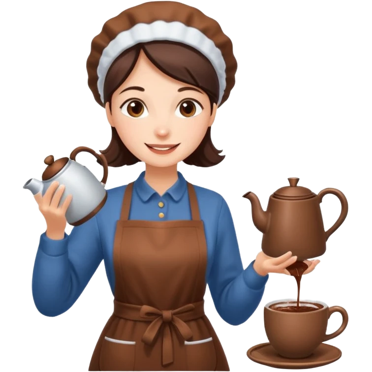 A cheerful woman wearing a winter apron, pouring cocoa from a kettle into tiny cups.
 emoji