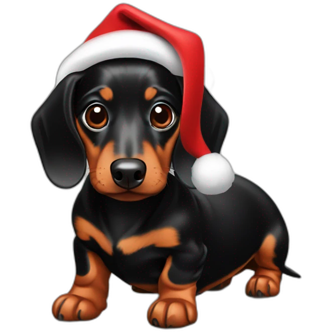Black and brown miniture dachshund with a red santa hat emoji