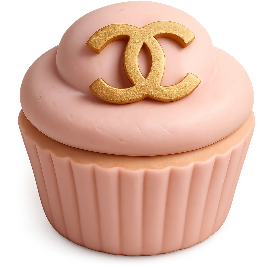pastel pink Chanel cupcake with a gold logo accent, luxury style emoji