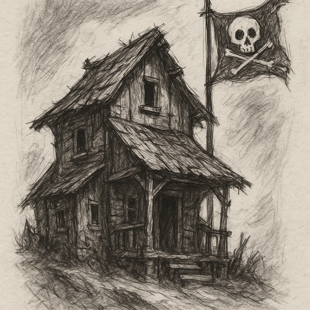 old pirate's house with skull flag emoji
