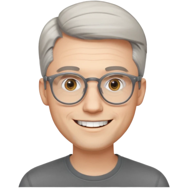 30 yr old pale white man, grey side swept hair, round glasses, big smile, white teeth, handsome, longer hair, thin glasses, no wrinkles emoji