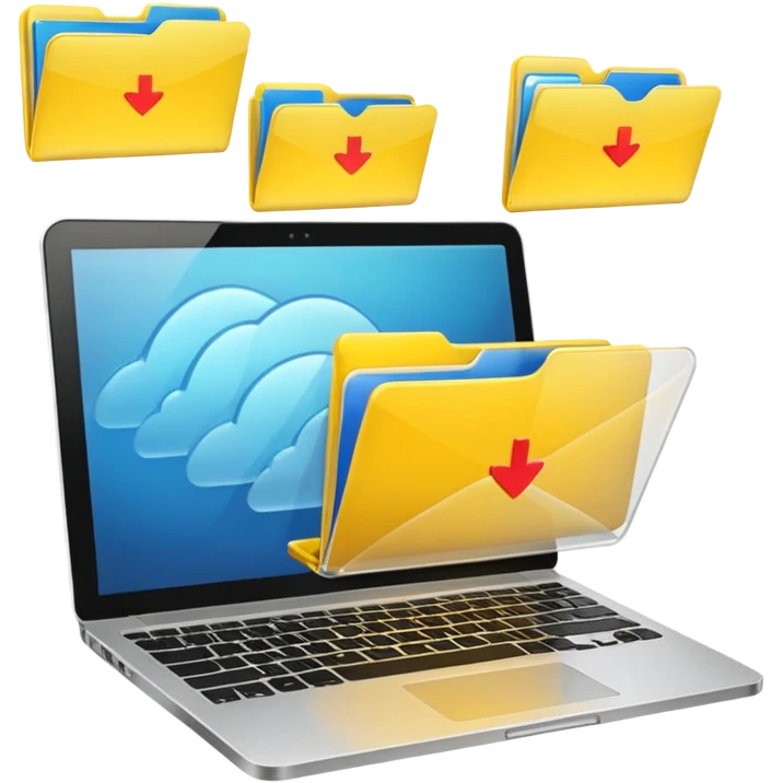 An open laptop with yellow folders containing data flying out. emoji